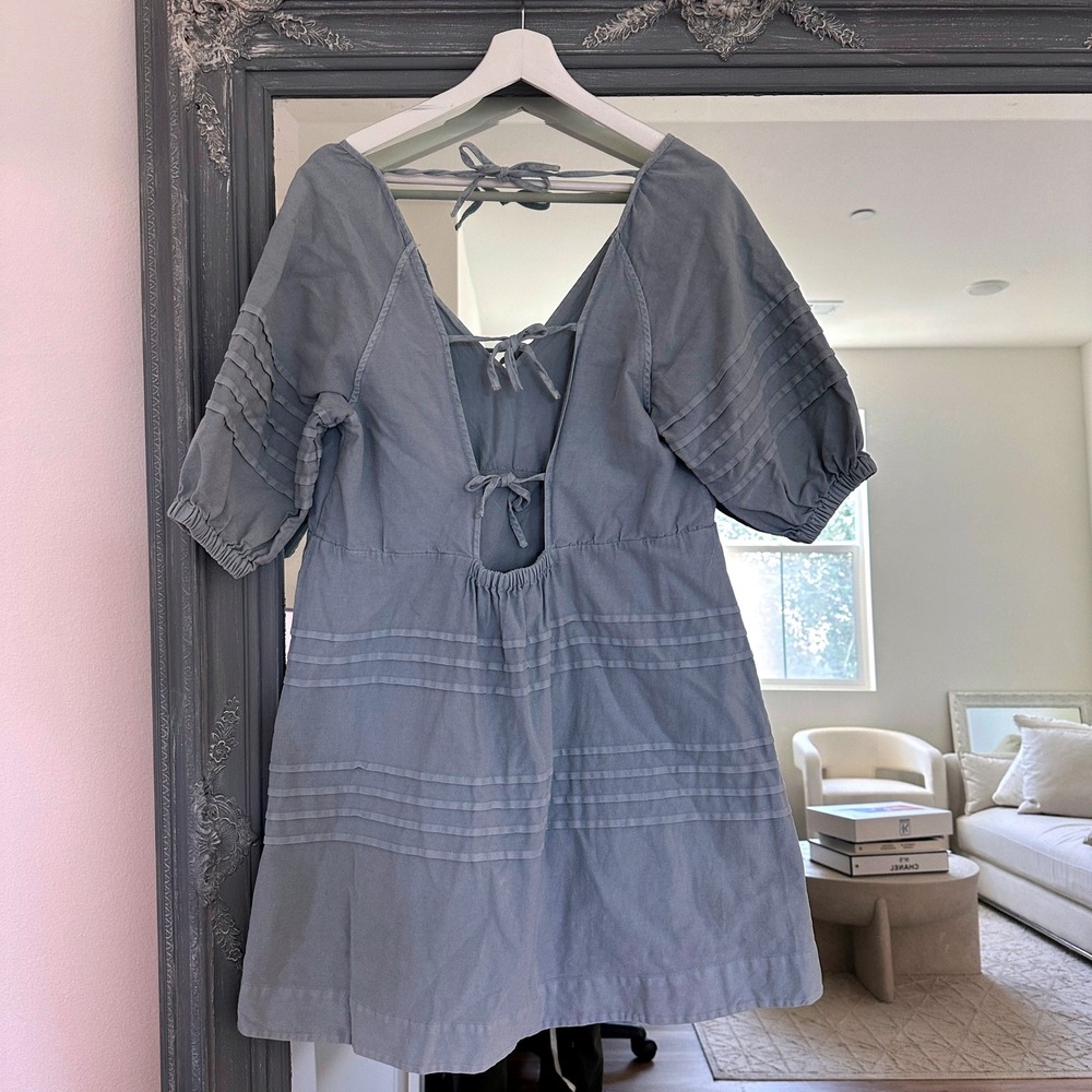 7 For All Mankind Chambray Puff Sleeve Babydoll Sundress Milkmaid Cottagecore L - Picture 6 of 10